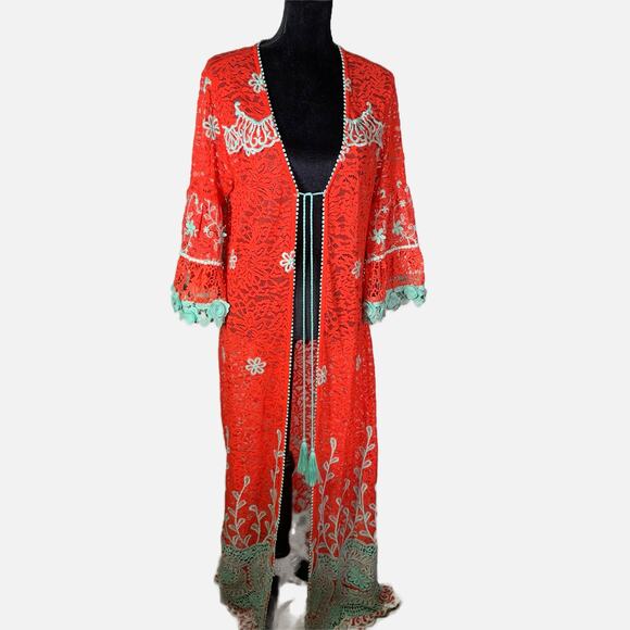 Antica Sartoria by Giacomo Long Lace Kimono Red Aqua Embroidered Boho Cover up - Picture 1 of 16